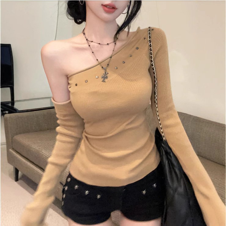 Cool Sa Ya Sister Sweet Spice Girl Shoulder-Cuff Jacket Women's Spring and Autumn Inclined Shoulder Solid Color Knitted Shoulder T-Shirt