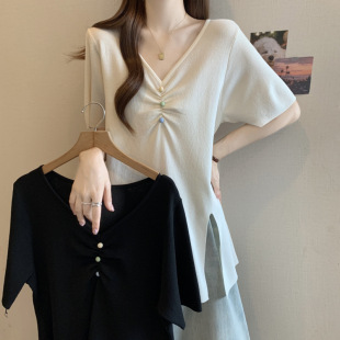 2025 Large Size Design Slit V Neck Short-Sleeved Knitwear for Women Summer Fat mm Slimming Look Belly-Covering Waist Ice Silk Top