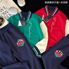 儿童棒球服套装 F家棋盘logo刺绣V领棒球服卫裤两件套 一件代发