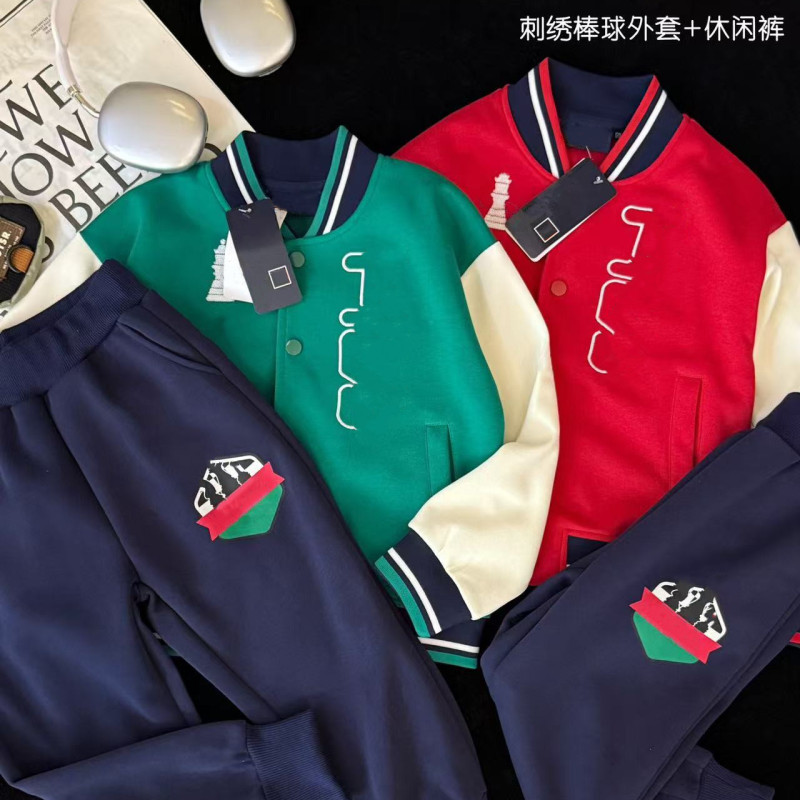 儿童棒球服套装 F家棋盘logo刺绣V领棒球服卫裤两件套 一件代发|undefined
