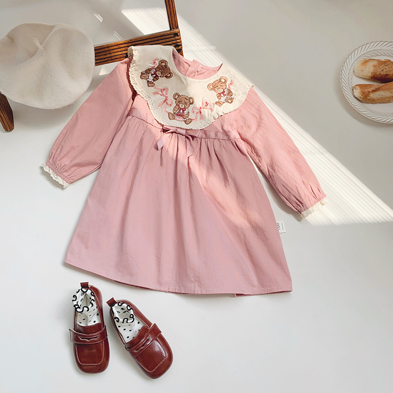 2024 otoño muñeca collar arco algodón falda de los niños Ropa de los niños de estilo coreano ropa resistente retro oso vestido de niña