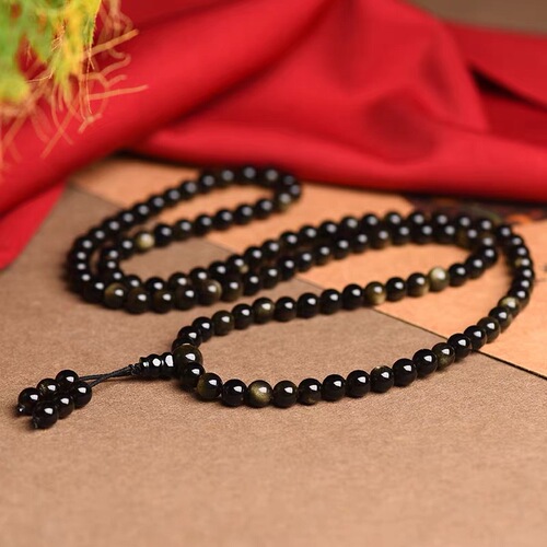 【Certificate Available】Natural Golden Sunstone 108-Count Buddhist Rosary Beads Black Obsidian Bracelet Men and Women's Jewelry