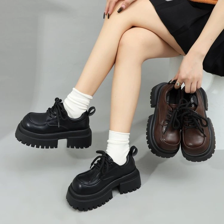 Женские лоферы на толстой подошве, увеличивающие рост, весна 2025, новые модные балетки на шнуровке, универсальные кожаные туфли на толстом каблуке и высоком каблуке