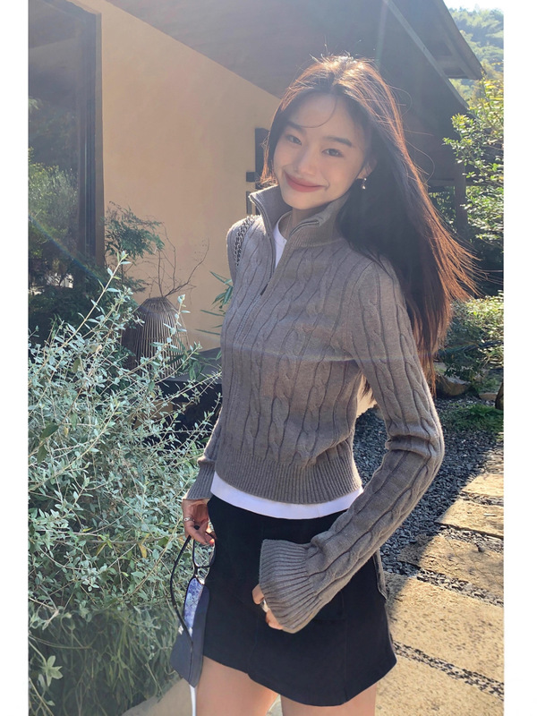 复古设计感麻花套头针织衫女秋冬新款韩系拉链休闲长袖套头上衣女|undefined