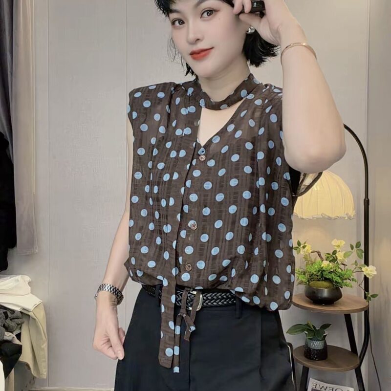 High-End European Goods 2026 Summer New Style V-Neck Ribbon Polka Dot Design Pullover Fashionable Sleeveless Shirt for Women