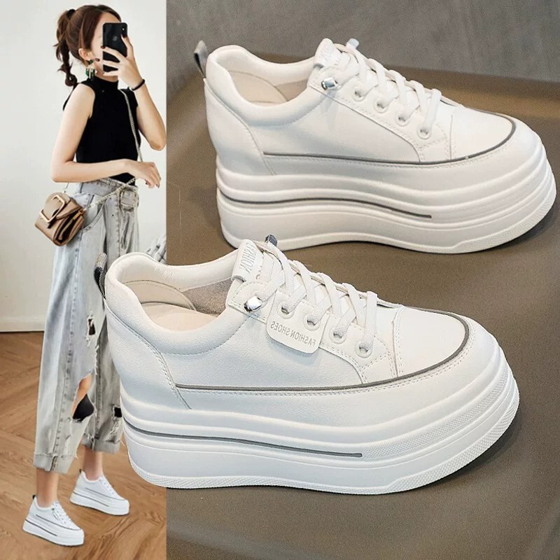 Cross-Border Height-Increasing White Sneakers for Women 2026 New Popular Lightweight Super Trendy Soft Leather Thick-Soled Casual Sneakers for Petite Individuals
