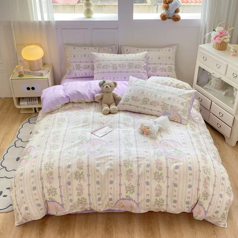 小清新纯棉四件套a类母婴级ab面棉被套40支家用印花四季款