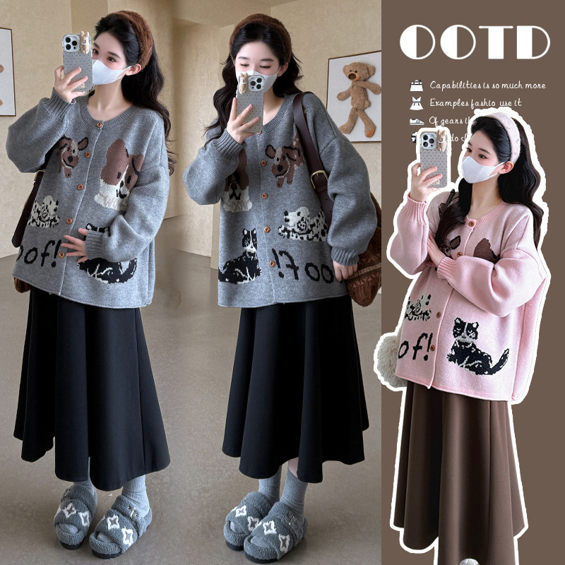 Real Shot of Maternity Sweater 2025 Autumn Cartoon Cat Fashion Loose Cardigan Jacket + Skirt Knitted Jacket