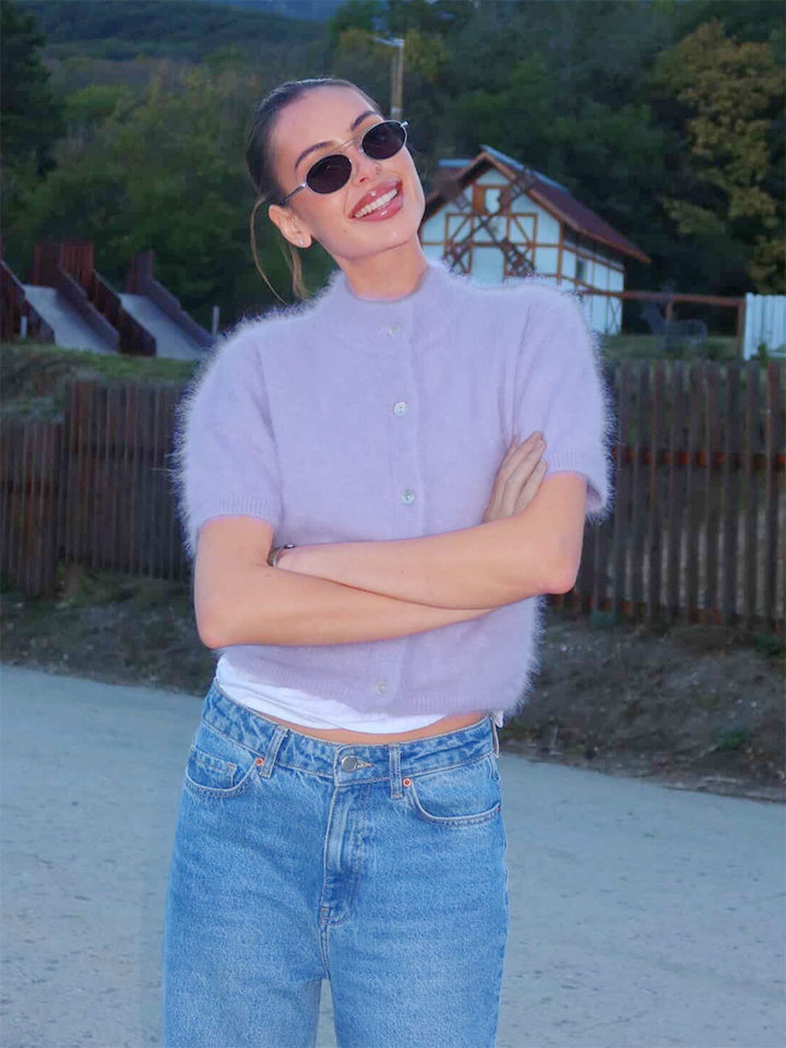 Áo cardigan dệt kim tay ngắn cổ bán cao ôm dáng phong cách retro — Màu hồng, Màu hồng cánh sen, Màu trắng, Màu tím chi tiết 32