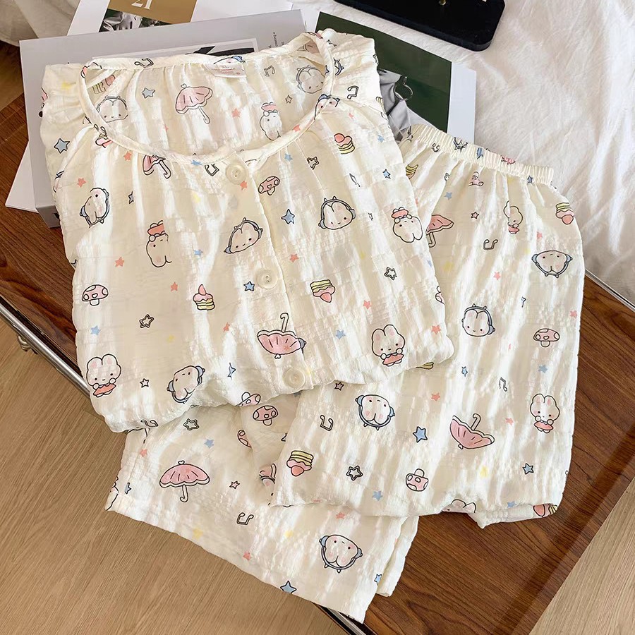 Pijamas al por mayor transfronterizos mujeres primavera y otoño pantalones de mangas largas nubes de algodón cardigan encantador conjunto de ropa de dibujos animados