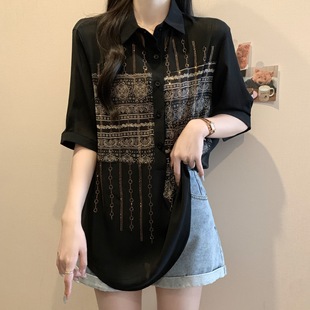 Real shot plus size women's retro heavy industry design feeling hot drilling foreign style short sleeve shirt fat sister slim sunscreen shirt