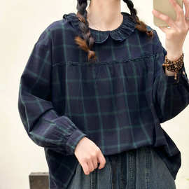 清新文艺木耳花边圆领纯棉格子衬衫女宽松娃娃衫外套衬衣女装