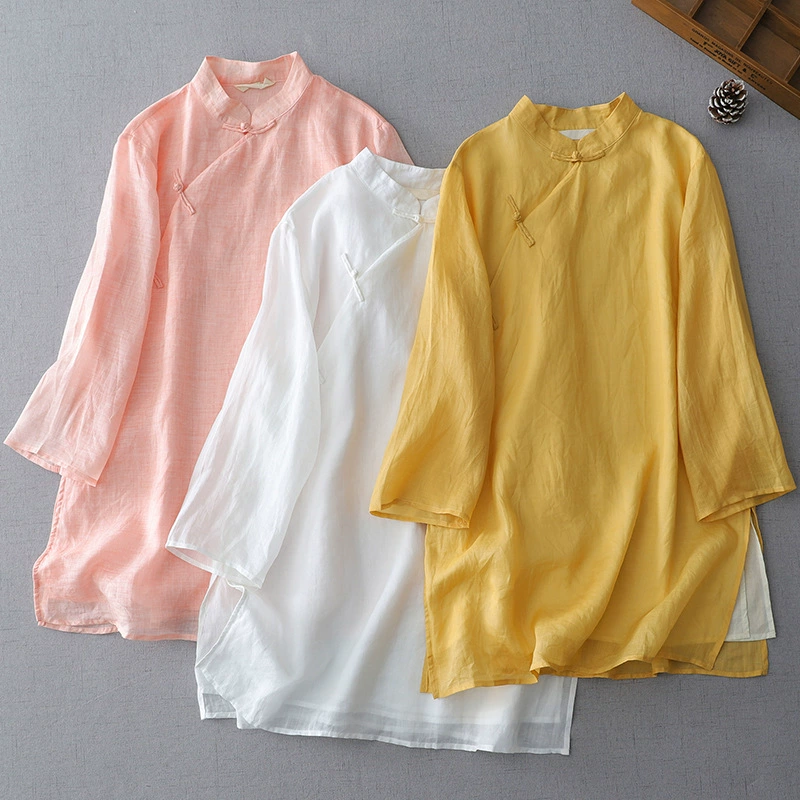 Двухслойный литературный ретро большой размер наклона с пряжкой из хлопка и конопли с рукавами из семи частей