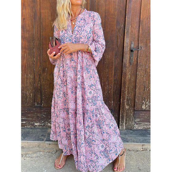 ON01234 in stock 2025 Spring and Summer New Cross-border Women's Fashion Elegant Loose V-neck Beach Holiday dress