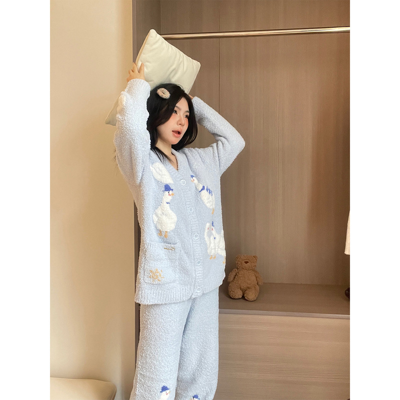 【现货】卡通唐老鸭针织半边绒睡衣女秋冬季加厚保暖家居服套装冬|undefined