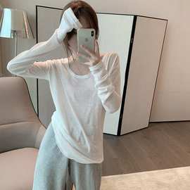 纯棉长袖t恤上衣内搭韩版宽松百搭洋气慵懒白色薄款打底衫女春秋