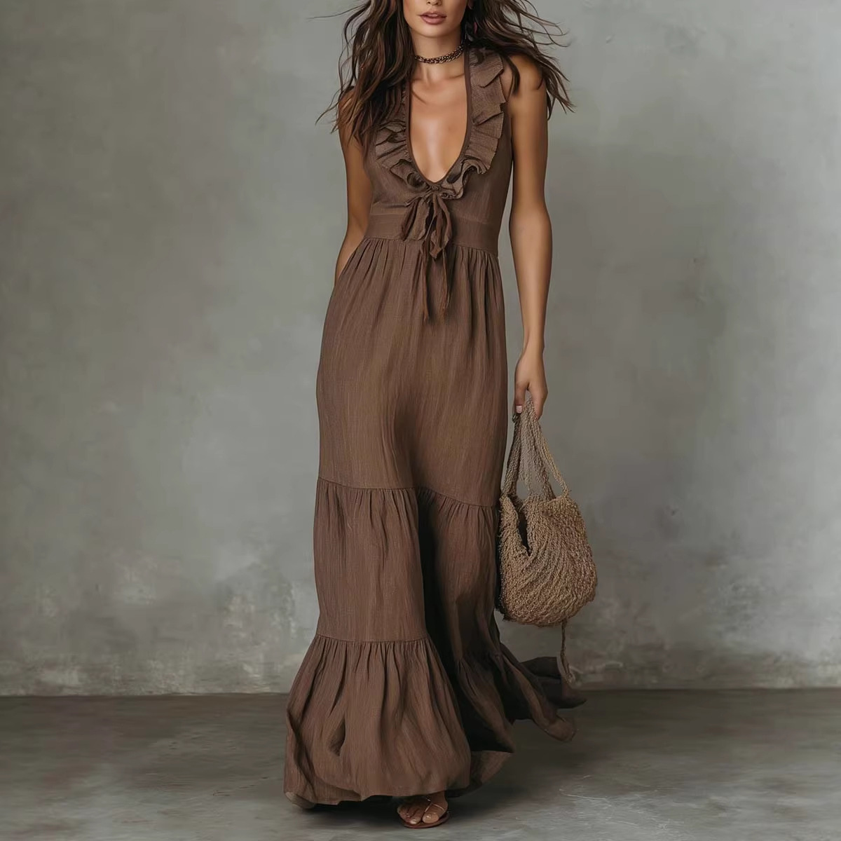 Breathable Linen-Blend V-Neck Maxi Dress, Sleeveless A-Line Shift Dress For Casual & Occasional Wear_ecoleips.com