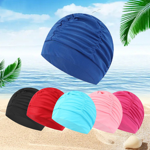 Swimming Cap for Women, Fashionful Floral Print Pleated Adult Comfortable Non-Squeezing Long Hair Solid Color Large Size Fabric Swim Cap Wholesale