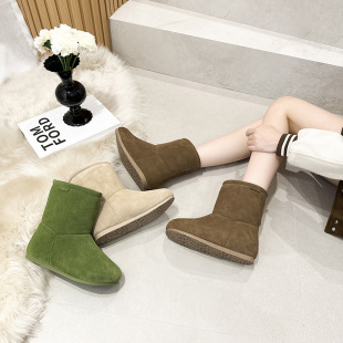 2024 Autumn and Winter New Fashion Leather Snow Boots All-match Knight Boots Leather Flat Women's Shoes Trendy Sleeve Two-wear