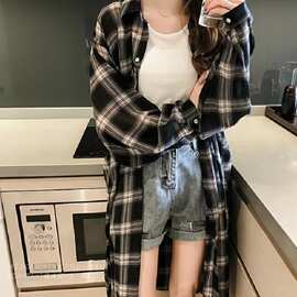 春装新款港风长袖格子衬衫宽松慵懒中长款衬衣外套M-4XL200斤织布