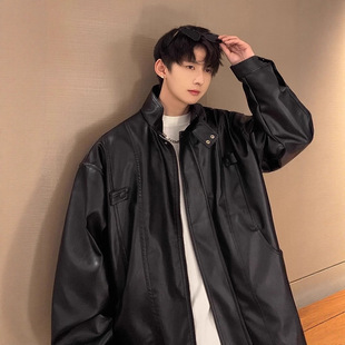 American Motorcycle Leather Jacket Men's Autum High Street Maillard Pu Leather Stand-Up Collar Leather Jacket Trendy Brand Retro Casual Jacket