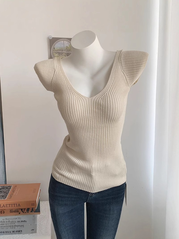 気質スリム深Vネックボディシェイピングフライングスリーブスリム半袖セーターTシャツ女性用|undefined
