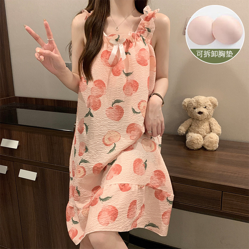 Pijama de caballeta de verano de mujer nuevo dulce burbuja arrugado lindo melocotón con almohadilla de pecho estudiante pijama casero