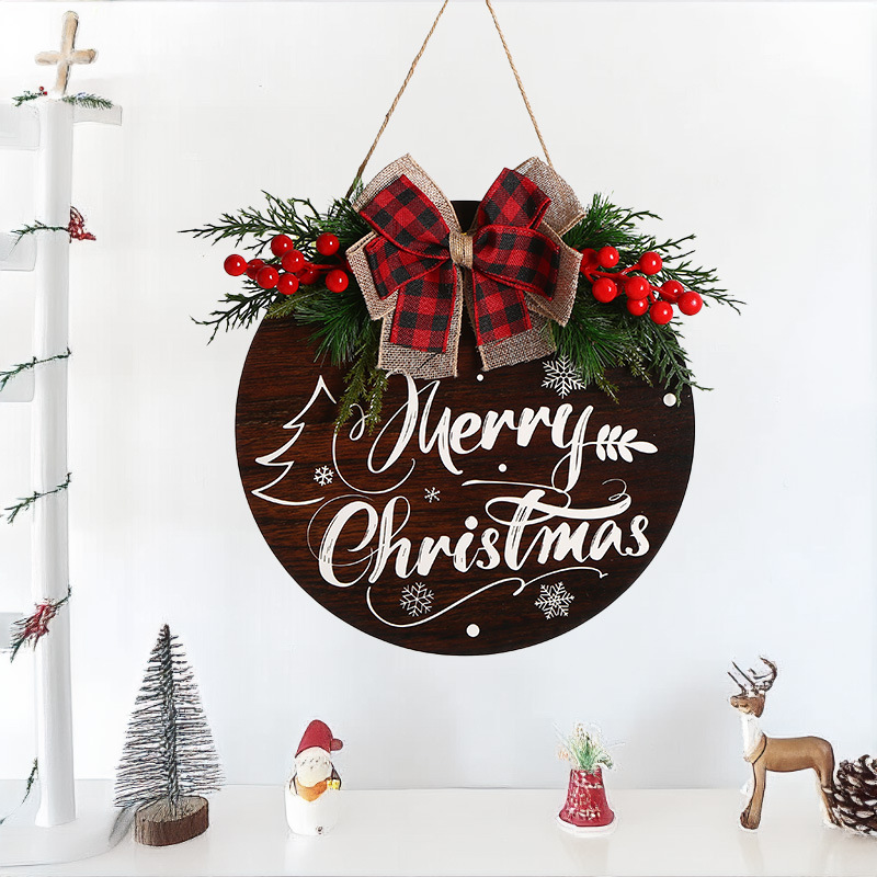 クリスマスフロントドア木製タグガーランドメリークリスマスサイン装飾バッファローチェック柄吊り下げドアプレート|undefined