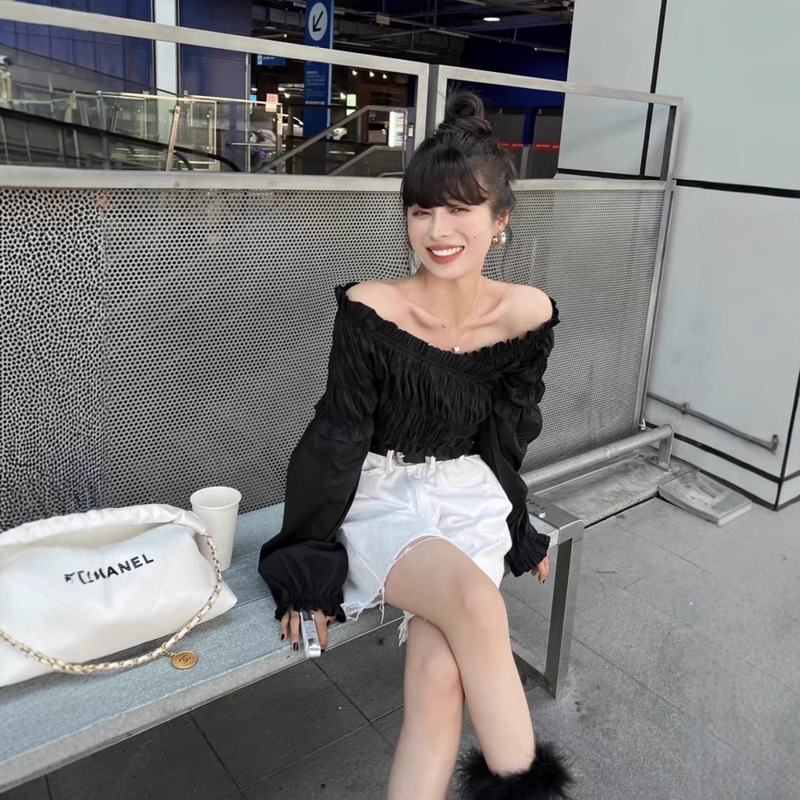 Summer Clothes Are Paired with a Complete Set of Women's Summer High-End Black Elegant Shirts and Denim Shorts, a and Sassy Suits