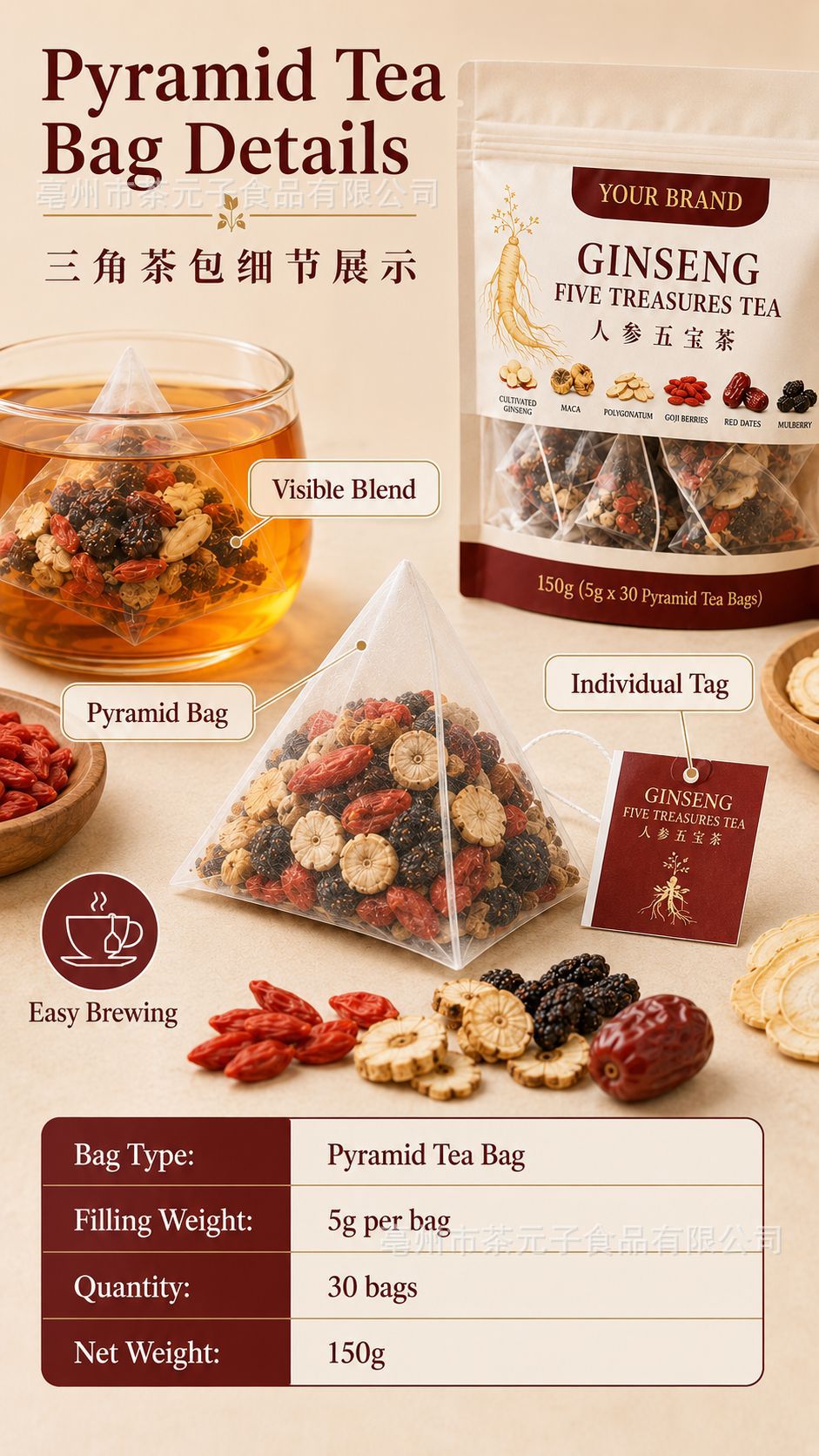 Ginseng Five Treasure Tea Ren Shen Wu Bao Cha 30 Bags 150g Cold Brewed Herbal Blend with Goji Mulberry Maca quality and texture
