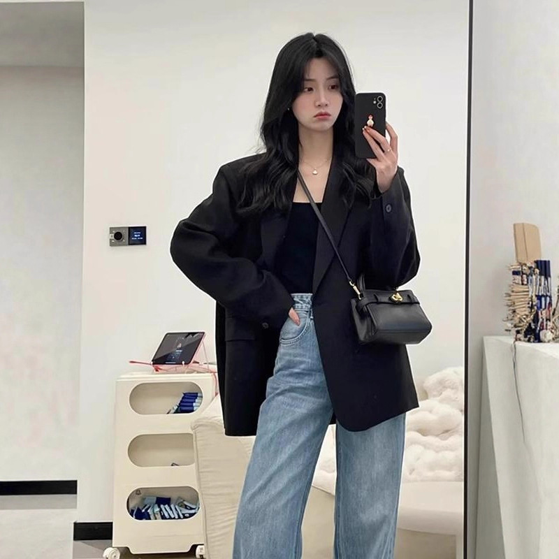 Trendy Black Blazer for Women 2025 New Korean Style Loose Petite Casual Blazer Versatile