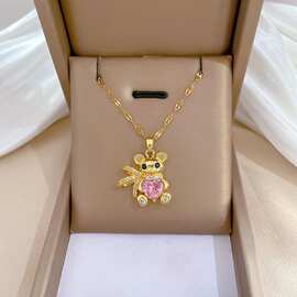 围巾小熊轻奢气质华丽满钻项链女百搭锁骨链钛钢链条吊坠