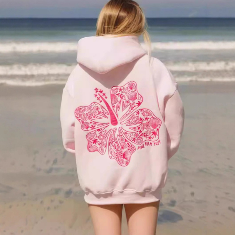 Cross-Border Foreign Trade European Size Women's Drop Shoulder Ribbed Hawaii Hibiscus Brand Sweatshirt Hoodie with Print