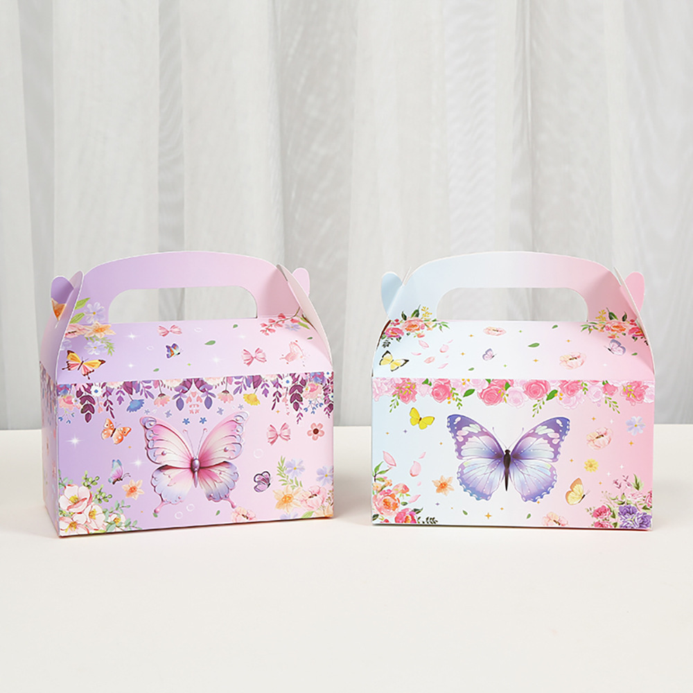 粉色蝴蝶蛋糕盒印花礼品立体包装盒派对糖果手提纸盒批发