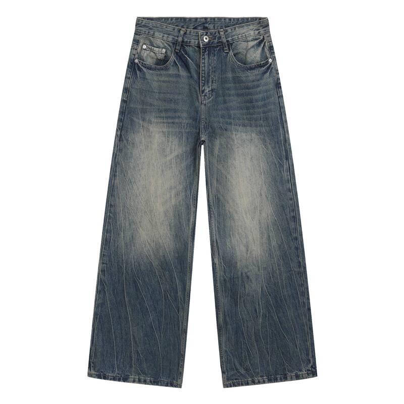 Quần jean nam ống rộng dáng suông màu xanh wash, râu mèo, phong cách đơn giản dễ phối đồ — Màu xanh dương