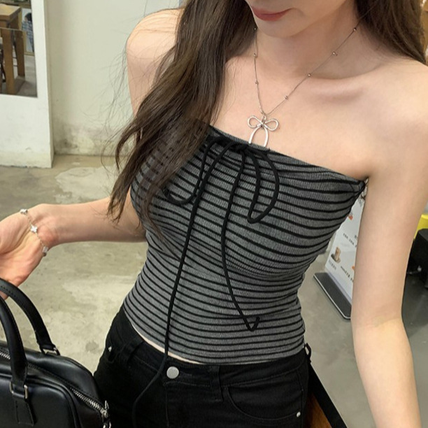 Bow-Tie Elastic Tube Top for Women's Summer Outer Wear American Hot Girl Retro Sleeveless Striped Camisole