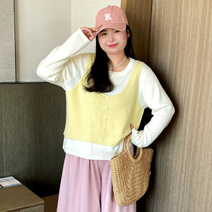 大码女装撞色假两件上衣女毛衣2025秋款胖mm休闲宽松针织衫22825
