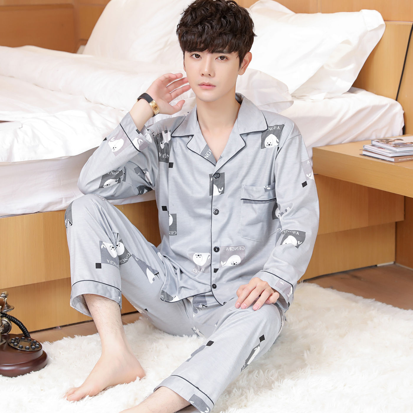 Pijamas de hombre Pijamas de primavera y otoño pantalones de algodón de manga larga de los hombres cardigan verde de mediana edad ropa de hogar traje de invierno para los ancianos