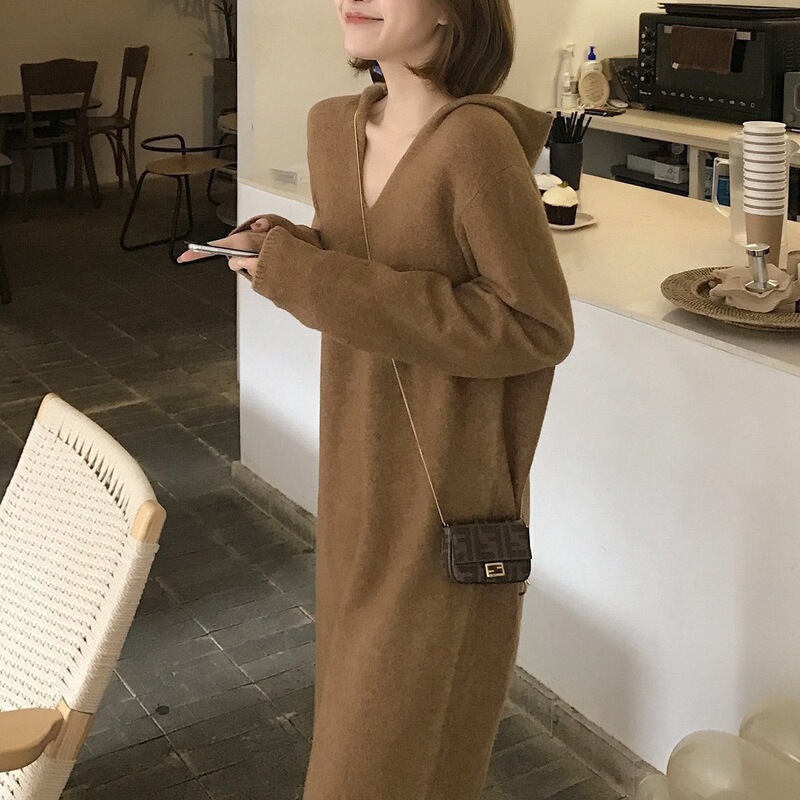 Hooded Knitted Dress for Women 2025 Autumn and Winter New Style Lazy Style Loose Over-The-Knee Bottoming Mid-Length Sweater Skirt