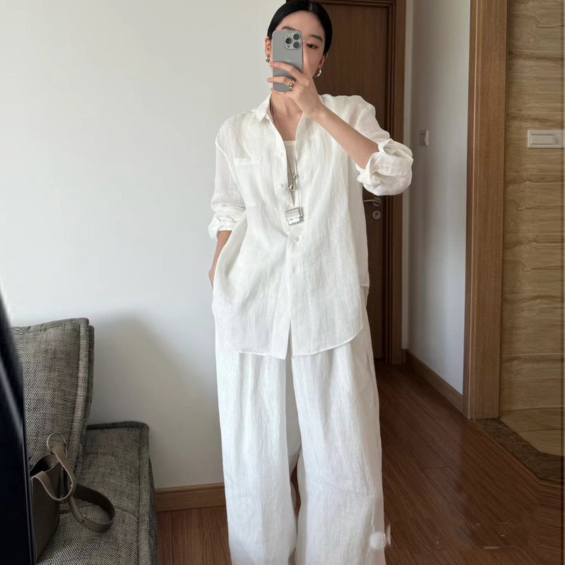 Old Money Style 100% Linen Suit Women's Shirt Summer New Fashion Sun-Protective White Shirt High-End Wide-Leg Pants