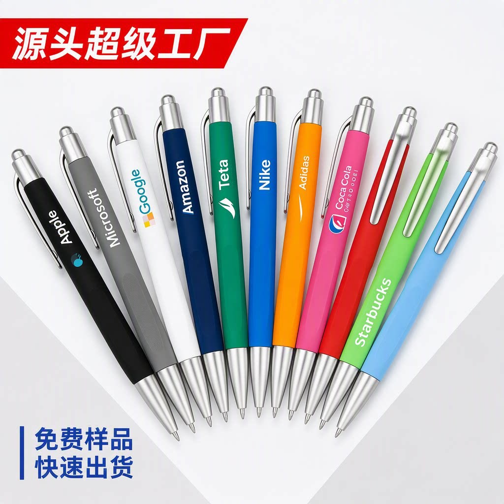 Glue-on ballpoint pen with a metallic clip, suitable for business and office use, advertising purposes, and can be customized with a printed logo; also available as a promotional gift pen