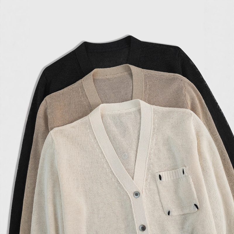 Japanese Imported Washi Yarn Maji-Style Knitted Cardigan Cotton V-Neck Long-Sleeve Knit Top Breathable Sweater for Women