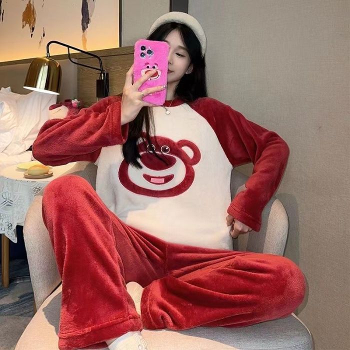 Transfronteriza mayorista otoño invierno pijama franela espesa mujer dulce dibujos animados casuales mangas largas chaqueta explosiva ropa para el hogar