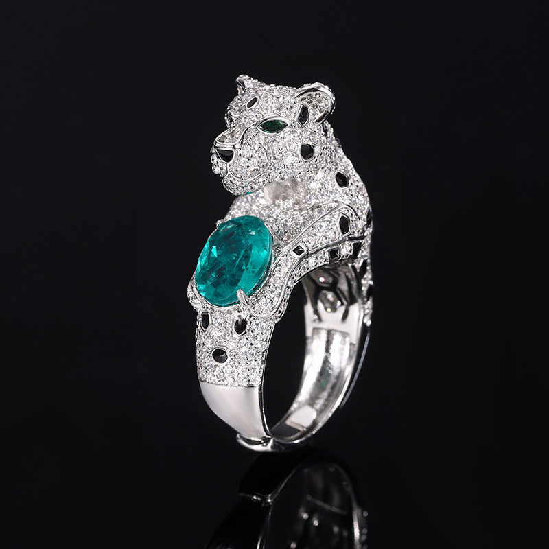 2024 Nueva joyería Zhuang Shengsheng, fondo de cobre, simulación chapado en oro, tesoro de color, diamante completo, anillo de temperamento de leopardo, maestro 6*8