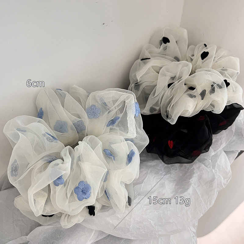 韓版網紗刺繡花朵愛心大腸發圈高級感大號後腦勺馬尾發繩頭圈髮飾