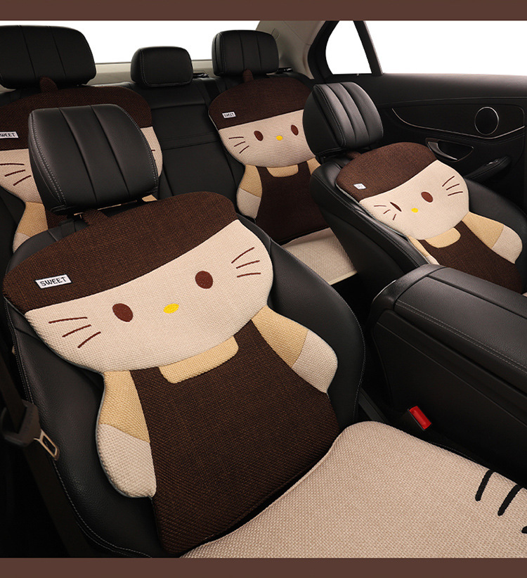 Four Seasons Linen Car Seat Cushion Cute Hat Cat Skin-Friendly Breathable Rear Seat Single Universal Seat Cushion Seven-Piece Set