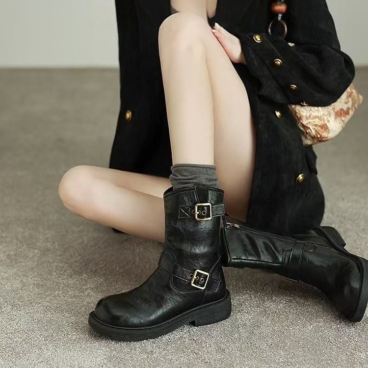 2025新款马丁靴女秋冬粗跟羊皮机车靴女西部牛仔靴复古骑士中筒靴