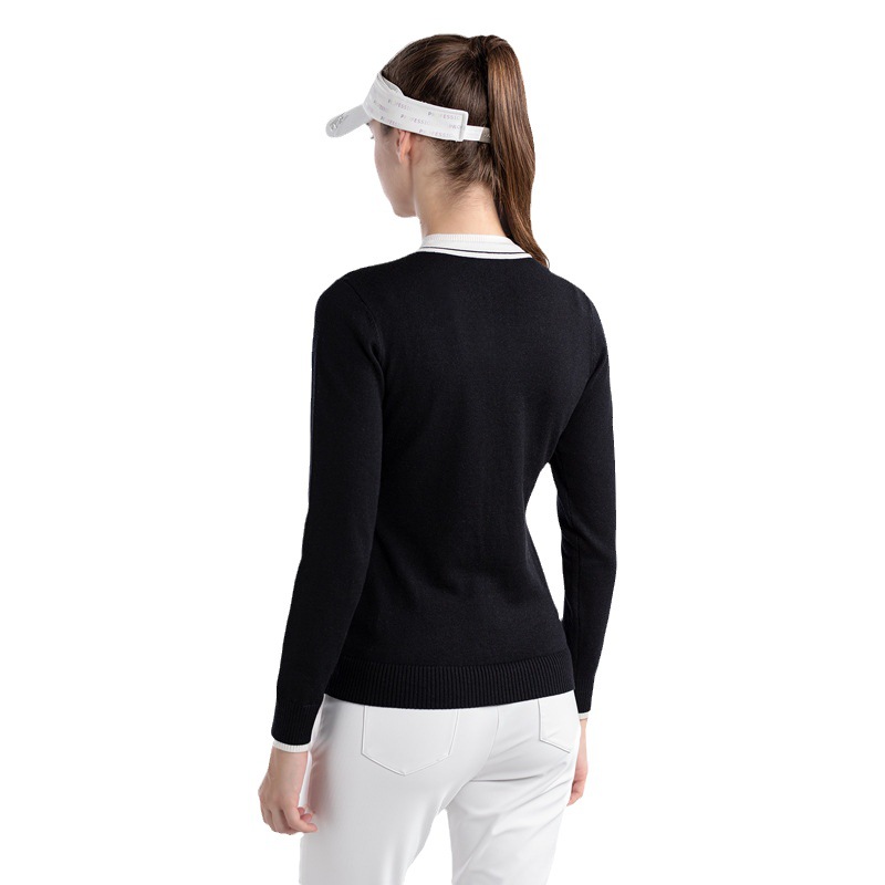 Áo len dài tay nữ cổ tim đào phối màu thể thao golf — YF620-màu trắng, KUZ164-màu xanh nước biển, YF620-Đen, KUZ164-Màu đen