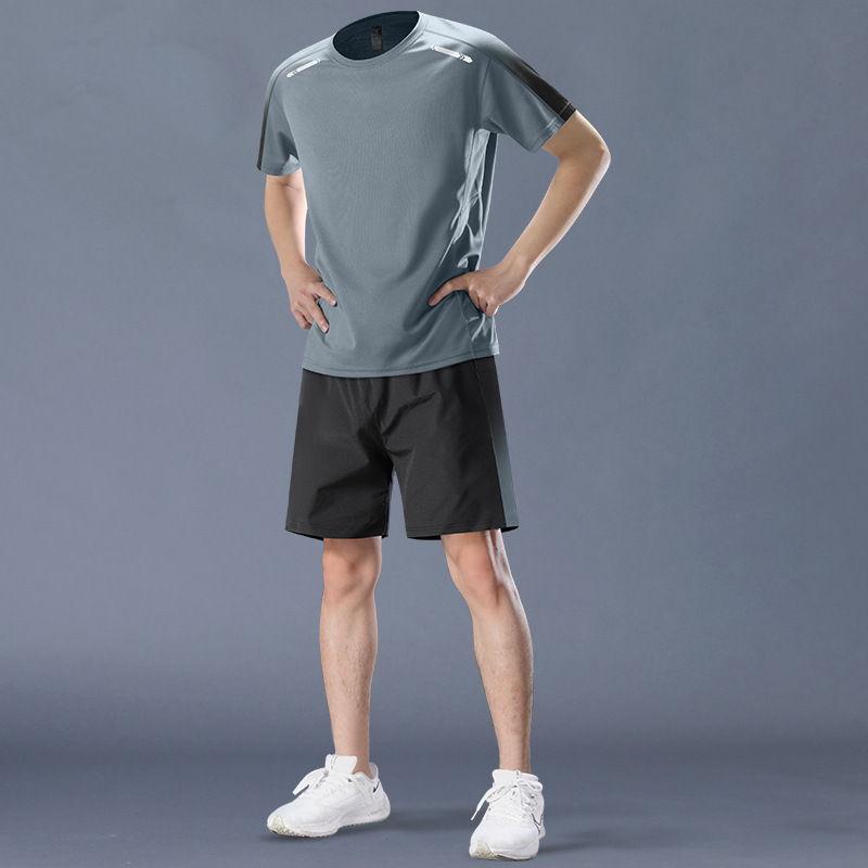 スポーツスーツメンズ速乾性夏ランニング半袖フィットネス服アイスシルク Tシャツショーツバドミントントレーニング服|undefined