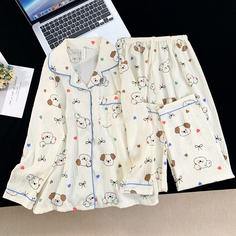 Primavera y otoño pijamas de mujeres pantalones de manga larga nubes de algodón cardigan con solapa dulce dos piezas de dibujos animados lindo ropa para el hogar